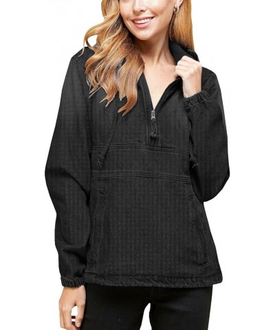 Women’s Premium Cotton Casual Hoodie Half Zip Pullover Denim Jean Jacket SLIM FIT Black $18.90 Jackets