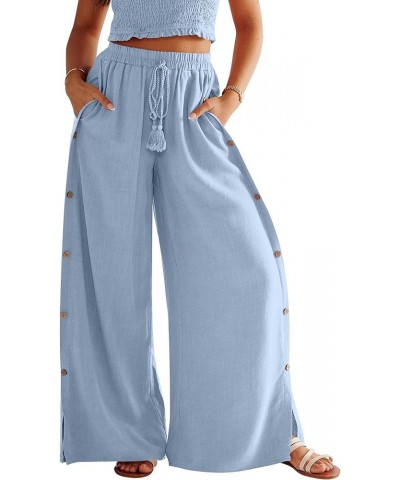 Women Linen Palazzo Pants Summer Casual Beach Boho Wide Leg High Waistd Flowy Trouser Button Side Split Lounge Pant Light Blu...