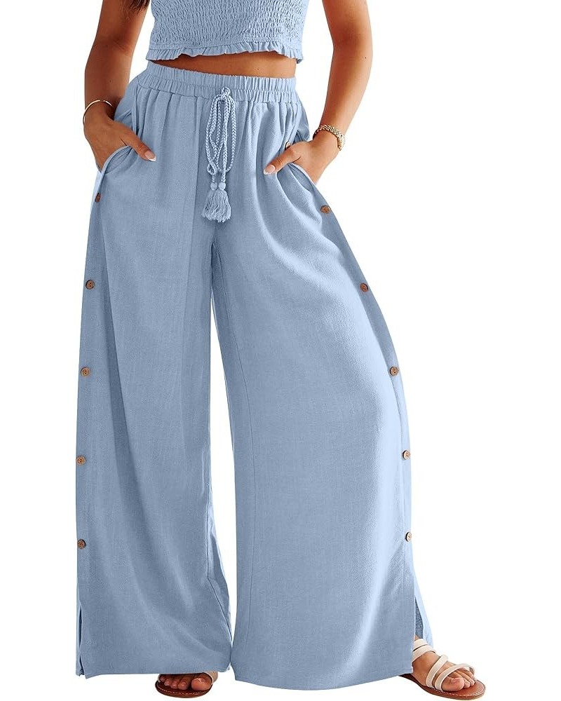 Women Linen Palazzo Pants Summer Casual Beach Boho Wide Leg High Waistd Flowy Trouser Button Side Split Lounge Pant Light Blu...