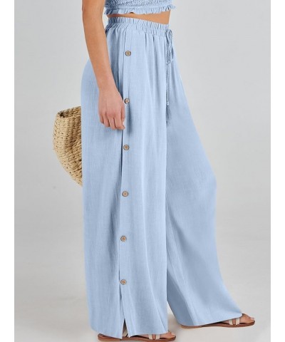 Women Linen Palazzo Pants Summer Casual Beach Boho Wide Leg High Waistd Flowy Trouser Button Side Split Lounge Pant Light Blu...