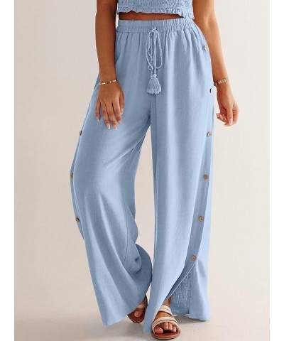 Women Linen Palazzo Pants Summer Casual Beach Boho Wide Leg High Waistd Flowy Trouser Button Side Split Lounge Pant Light Blu...