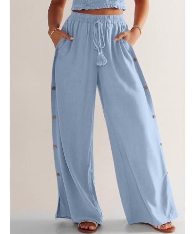 Women Linen Palazzo Pants Summer Casual Beach Boho Wide Leg High Waistd Flowy Trouser Button Side Split Lounge Pant Light Blu...