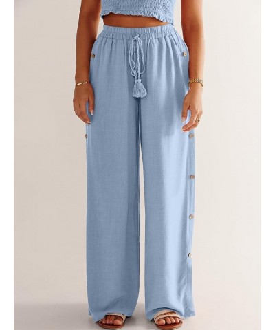 Women Linen Palazzo Pants Summer Casual Beach Boho Wide Leg High Waistd Flowy Trouser Button Side Split Lounge Pant Light Blu...