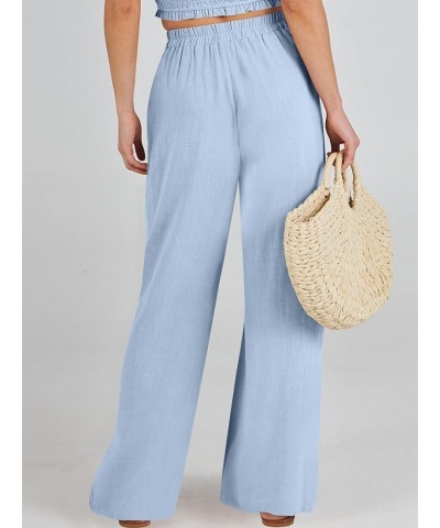 Women Linen Palazzo Pants Summer Casual Beach Boho Wide Leg High Waistd Flowy Trouser Button Side Split Lounge Pant Light Blu...