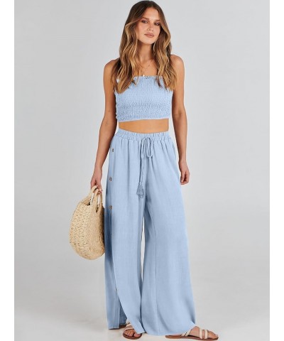 Women Linen Palazzo Pants Summer Casual Beach Boho Wide Leg High Waistd Flowy Trouser Button Side Split Lounge Pant Light Blu...