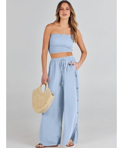 Women Linen Palazzo Pants Summer Casual Beach Boho Wide Leg High Waistd Flowy Trouser Button Side Split Lounge Pant Light Blu...