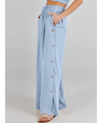 Women Linen Palazzo Pants Summer Casual Beach Boho Wide Leg High Waistd Flowy Trouser Button Side Split Lounge Pant Light Blu...