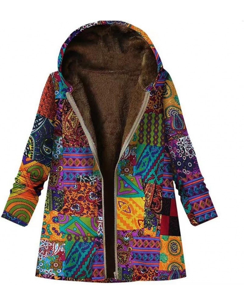 Women's Ethnic Style Patchwork Sherpa Fleece Lined Hooded Jacket Coat Winter Warm Button Down Outwear with Pockets $21.55 Jac...