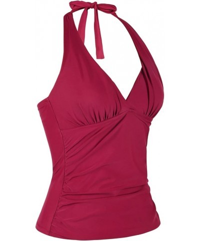 Women's Halter Tankini Top V Neck Swimwear Top Front Shirred Bathing Suit Top Red-2 $19.07 Swimsuits