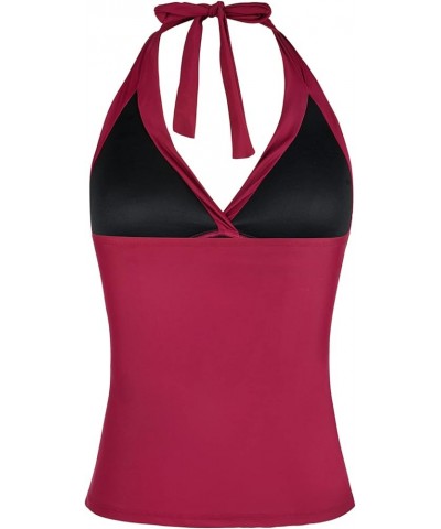 Women's Halter Tankini Top V Neck Swimwear Top Front Shirred Bathing Suit Top Red-2 $19.07 Swimsuits