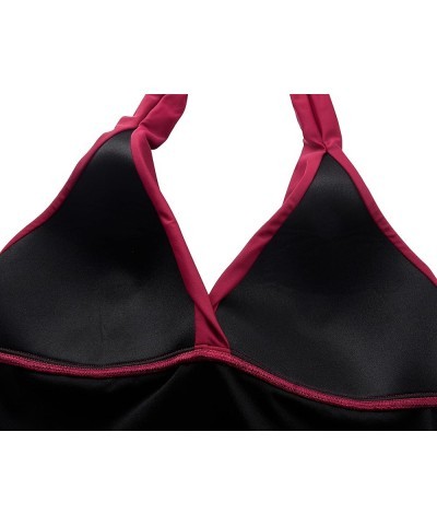 Women's Halter Tankini Top V Neck Swimwear Top Front Shirred Bathing Suit Top Red-2 $19.07 Swimsuits