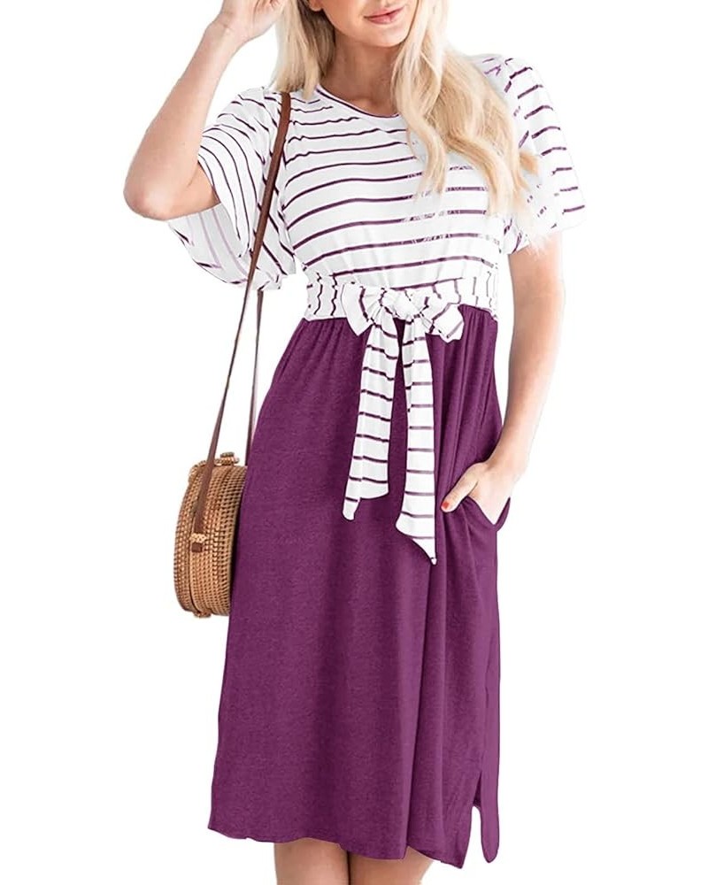 Women's 2024 Summer Striped Ruffle Sleeves Tie Waist Pockets Casual Swing Midi Dress Plum $20.99 Dresses