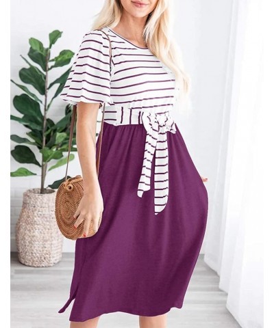 Women's 2024 Summer Striped Ruffle Sleeves Tie Waist Pockets Casual Swing Midi Dress Plum $20.99 Dresses