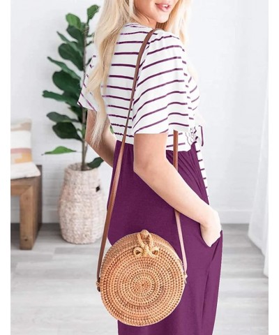 Women's 2024 Summer Striped Ruffle Sleeves Tie Waist Pockets Casual Swing Midi Dress Plum $20.99 Dresses