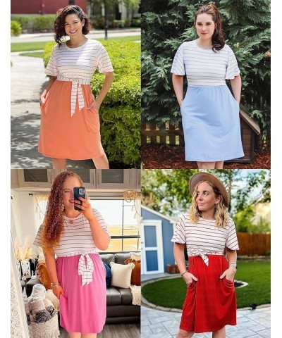 Women's 2024 Summer Striped Ruffle Sleeves Tie Waist Pockets Casual Swing Midi Dress Plum $20.99 Dresses