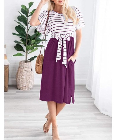 Women's 2024 Summer Striped Ruffle Sleeves Tie Waist Pockets Casual Swing Midi Dress Plum $20.99 Dresses