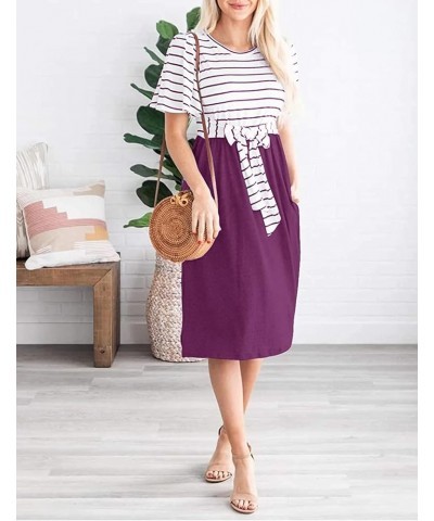 Women's 2024 Summer Striped Ruffle Sleeves Tie Waist Pockets Casual Swing Midi Dress Plum $20.99 Dresses