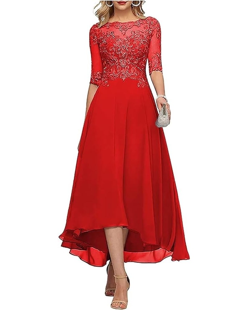 Lace Appliques Mother of The Bride Dresses for Wedding 3/4 Sleeve Tea Length Beaded Formal Evening Prom Dress Red $25.00 Dresses