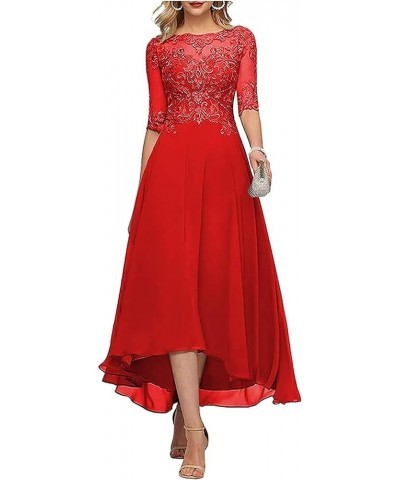 Lace Appliques Mother of The Bride Dresses for Wedding 3/4 Sleeve Tea Length Beaded Formal Evening Prom Dress Red $25.00 Dresses