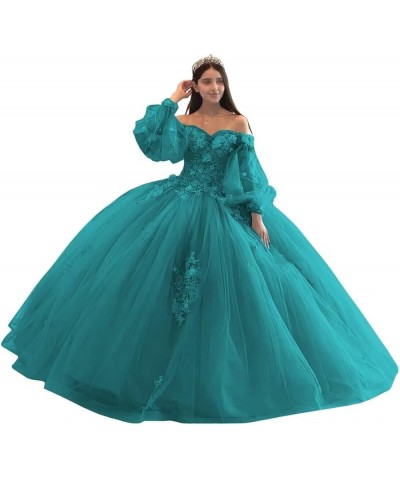 Floral Quinceanera Dresses with Sleeves Giltter Tulle Ball Gown Puffy Lace Off Shoulder Sweet 16 Dresses Party Gowns Turquois...