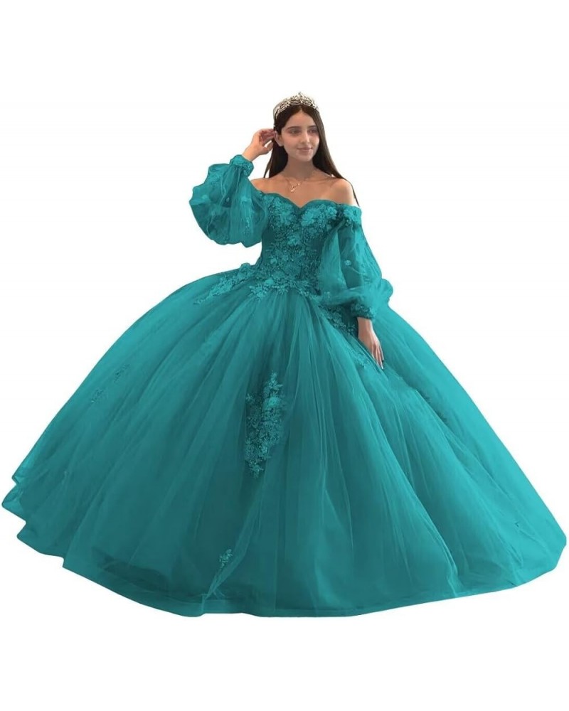 Floral Quinceanera Dresses with Sleeves Giltter Tulle Ball Gown Puffy Lace Off Shoulder Sweet 16 Dresses Party Gowns Turquois...