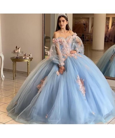 Floral Quinceanera Dresses with Sleeves Giltter Tulle Ball Gown Puffy Lace Off Shoulder Sweet 16 Dresses Party Gowns Turquois...