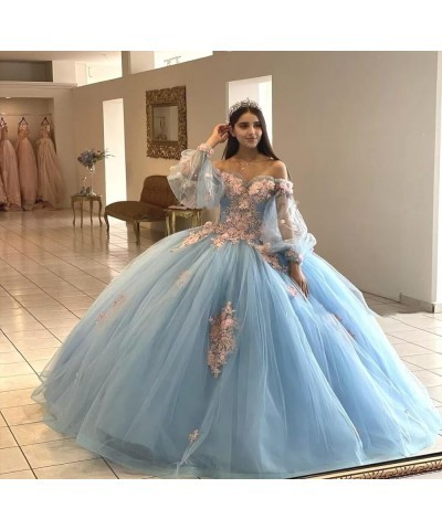 Floral Quinceanera Dresses with Sleeves Giltter Tulle Ball Gown Puffy Lace Off Shoulder Sweet 16 Dresses Party Gowns Turquois...