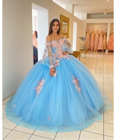 Floral Quinceanera Dresses with Sleeves Giltter Tulle Ball Gown Puffy Lace Off Shoulder Sweet 16 Dresses Party Gowns Turquois...