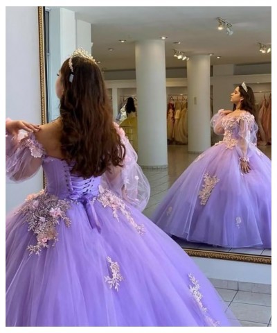 Floral Quinceanera Dresses with Sleeves Giltter Tulle Ball Gown Puffy Lace Off Shoulder Sweet 16 Dresses Party Gowns Turquois...