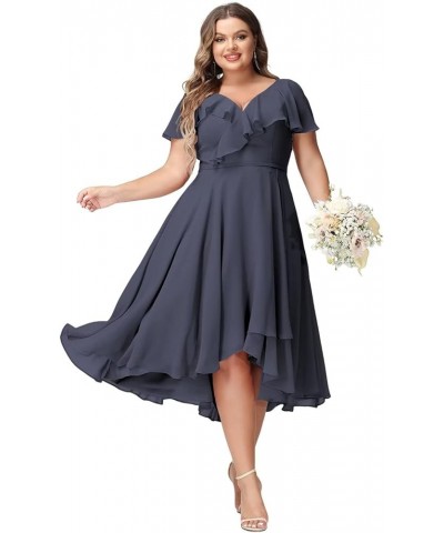 Women's V-Neck Ruffle Bridesmaid Dresses Short with Pockets Empire Waist Chiffon Formal Dresses BF19 Stormy Blue $25.60 Dresses