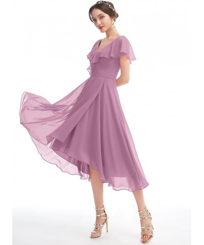 Women's V-Neck Ruffle Bridesmaid Dresses Short with Pockets Empire Waist Chiffon Formal Dresses BF19 Stormy Blue $25.60 Dresses