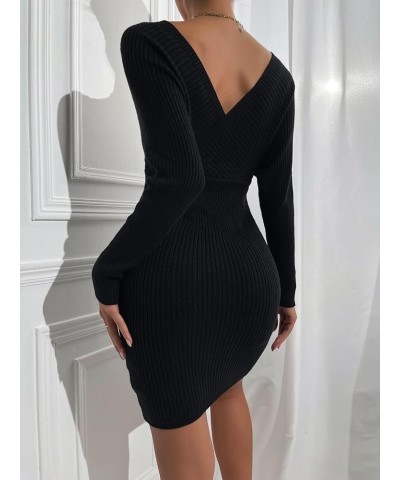 Women's Off Shoulder Ribbed Knit Dolman Long Sleeve V Neck Bodycon Mini Sweater Dress Black $18.89 Sweaters