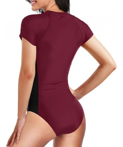 Women's One Piece Short Sleeve Rash Guard Surfing Modest Swimsuit Zipper Front Bathing Suit with Built in Bra Purple Red $13....