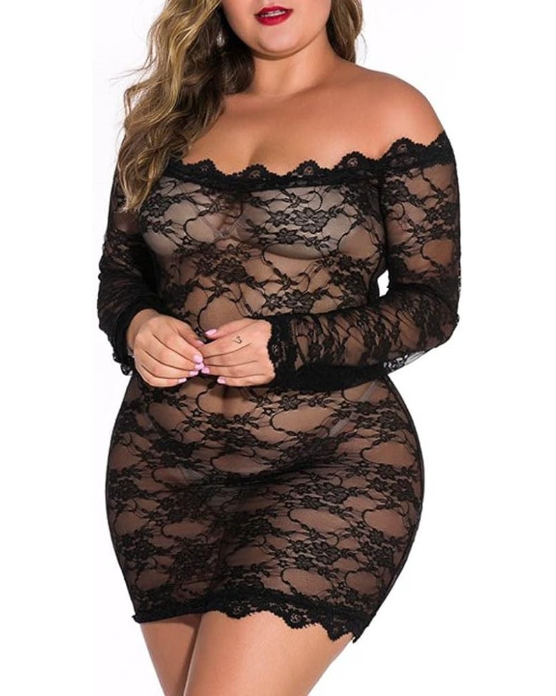 Sexy Lingerie for Women Plus Size Floral Lace Trim Babydolls See Through Chemises Bowknot Nightgowns Off Shoulder Sleepwear B...