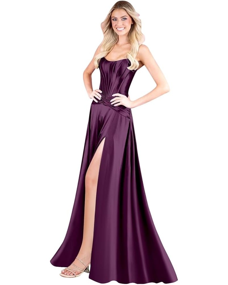 Corset Strapless Satin Prom Dress Long Formal Evening Party Dress with Slit Plum $40.00 Dresses