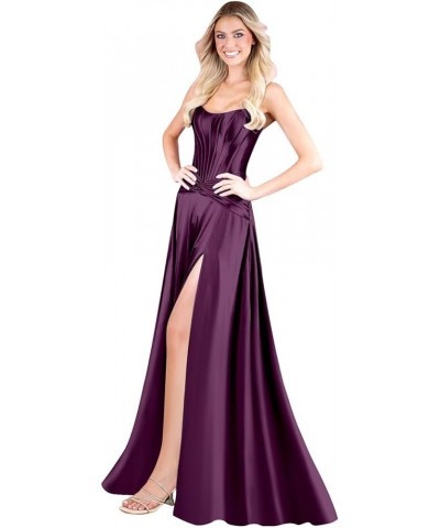 Corset Strapless Satin Prom Dress Long Formal Evening Party Dress with Slit Plum $40.00 Dresses