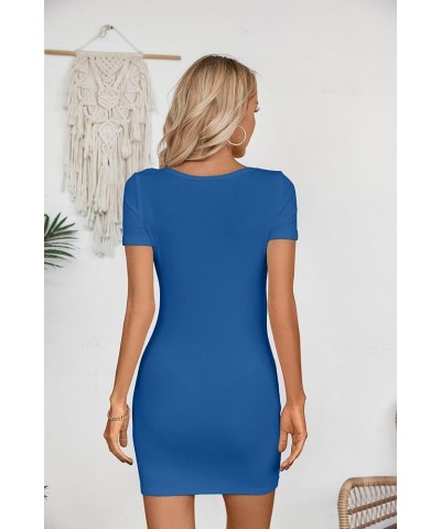 Womens Summer Dresses Cutout One Piece Ribbed Bodycon Mini Short Sleeve Casual Slim Fitted Pencil Dresses Blue $13.50 Dresses