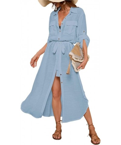 Women Long Swimsuit Cover Up Button Down Shirt Dress Beach Cover Up with Drawstring A-light Blue $16.45 Swimsuits