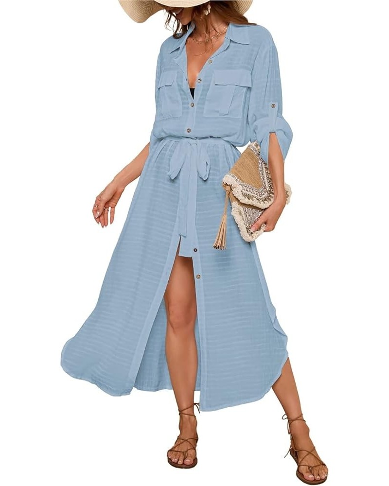 Women Long Swimsuit Cover Up Button Down Shirt Dress Beach Cover Up with Drawstring A-light Blue $16.45 Swimsuits