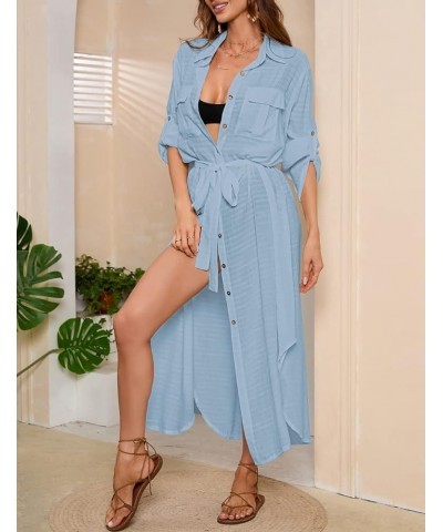 Women Long Swimsuit Cover Up Button Down Shirt Dress Beach Cover Up with Drawstring A-light Blue $16.45 Swimsuits