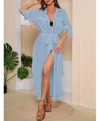 Women Long Swimsuit Cover Up Button Down Shirt Dress Beach Cover Up with Drawstring A-light Blue $16.45 Swimsuits