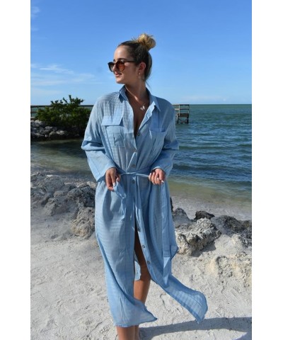 Women Long Swimsuit Cover Up Button Down Shirt Dress Beach Cover Up with Drawstring A-light Blue $16.45 Swimsuits