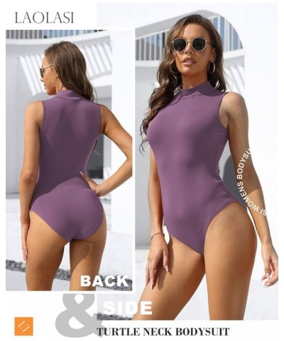 Women's Turtle Neck Mock Neck Sleeveless Slim Fit Bodysuit Tops Jumpsuit 06 Purple Red $10.49 Bodysuits