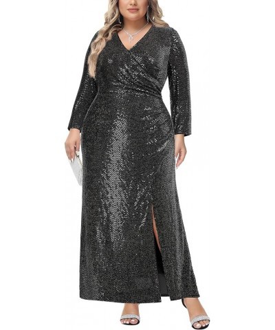 Women's Plus Size V Neck Sequin Long Cocktail Dresses Slit Side Glitter Formal Evening Gowns Black $31.50 Dresses