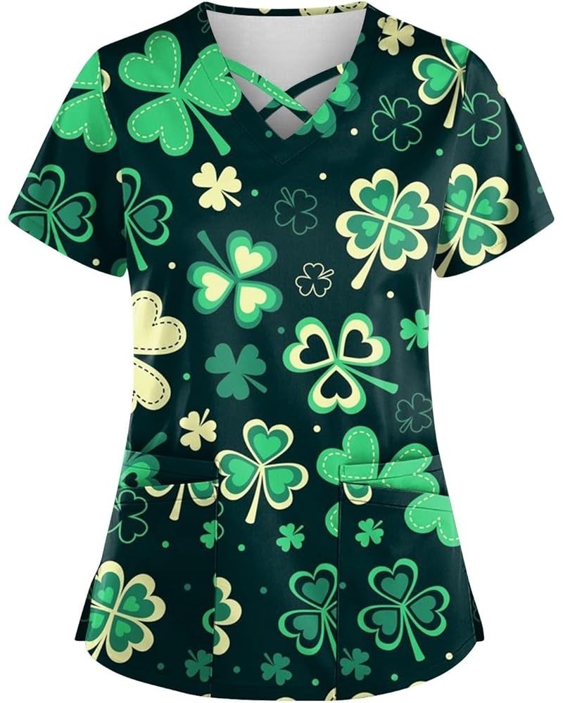 St Patricks Tops 2024 Blouse Womens Plus Size Short Sleeve Fashion Cross V Neck Shirt Double Pockets Tshirts 1-turquoise $9.8...