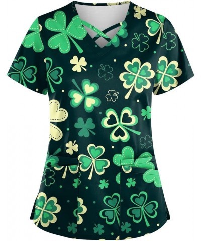 St Patricks Tops 2024 Blouse Womens Plus Size Short Sleeve Fashion Cross V Neck Shirt Double Pockets Tshirts 1-turquoise $9.8...