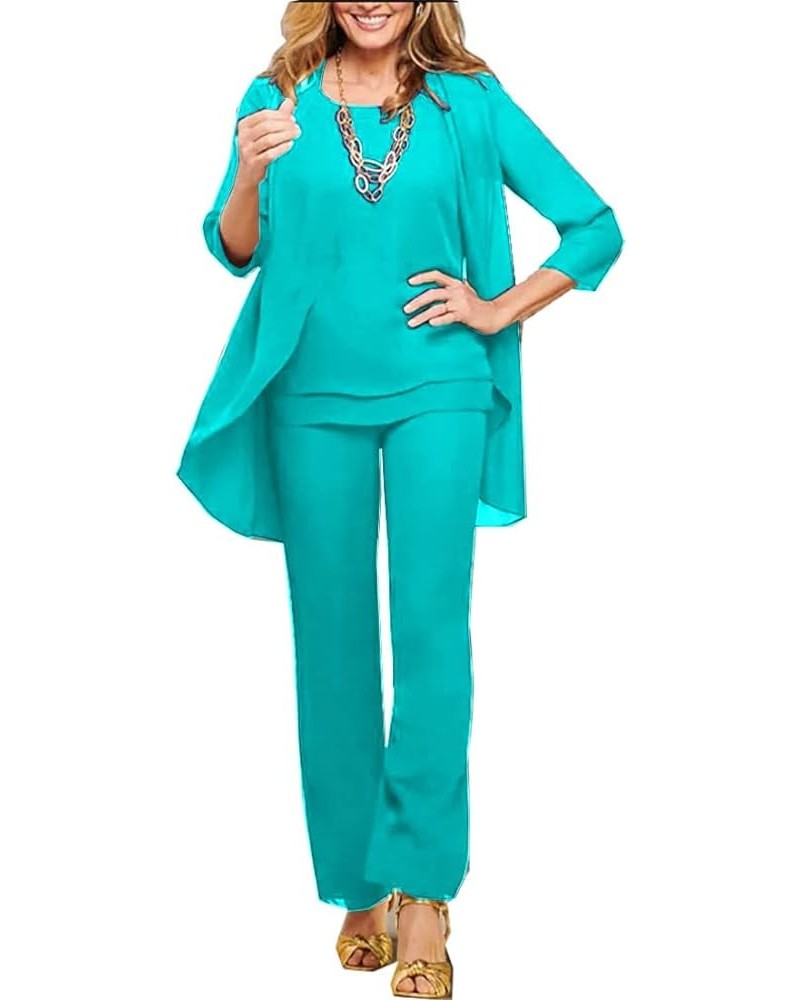 3Pcs Sets Mother of The Bride Dress Elegant Jumsuits Long Pantsuit for Women with Jacket NY022 Aqua Blue $35.87 Suits