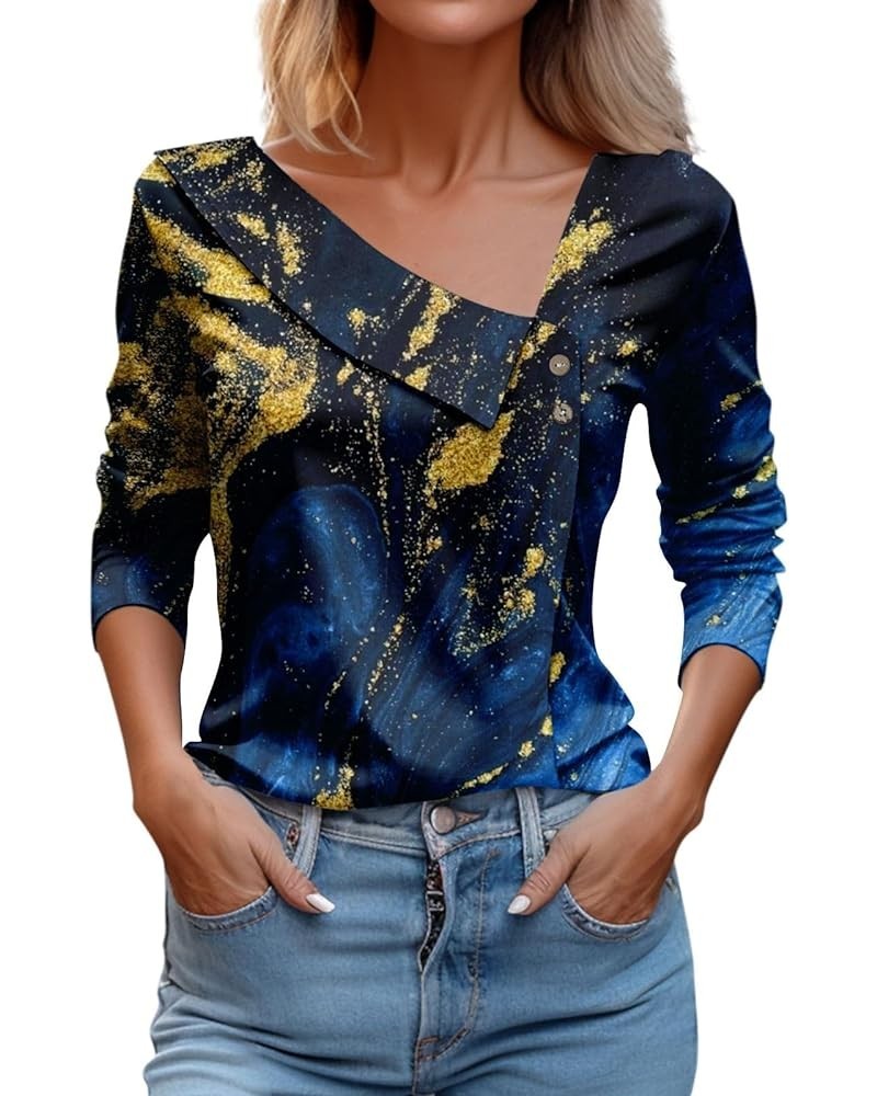 Women's Casual Long Sleeve V Neck Cute Shirts Lapel Neck Xmax Printed Tee Blouses Casual Loose Patchwork Basic Tops 4-dark Bl...