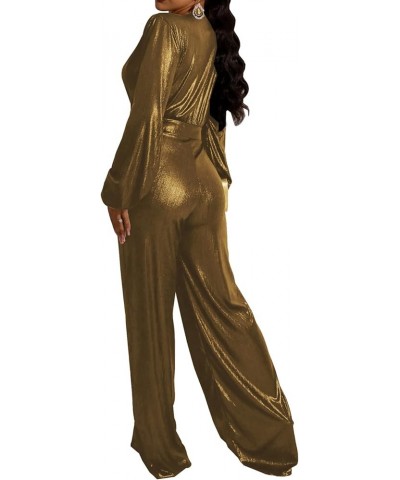 Women Sparkly Dressy Jumpsuit Deep V Neck Long Sleeve Clubwear Plus Size Wide Leg Long Pants Rompers A-gold $18.45 Jumpsuits