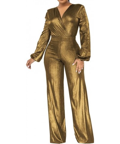 Women Sparkly Dressy Jumpsuit Deep V Neck Long Sleeve Clubwear Plus Size Wide Leg Long Pants Rompers A-gold $18.45 Jumpsuits